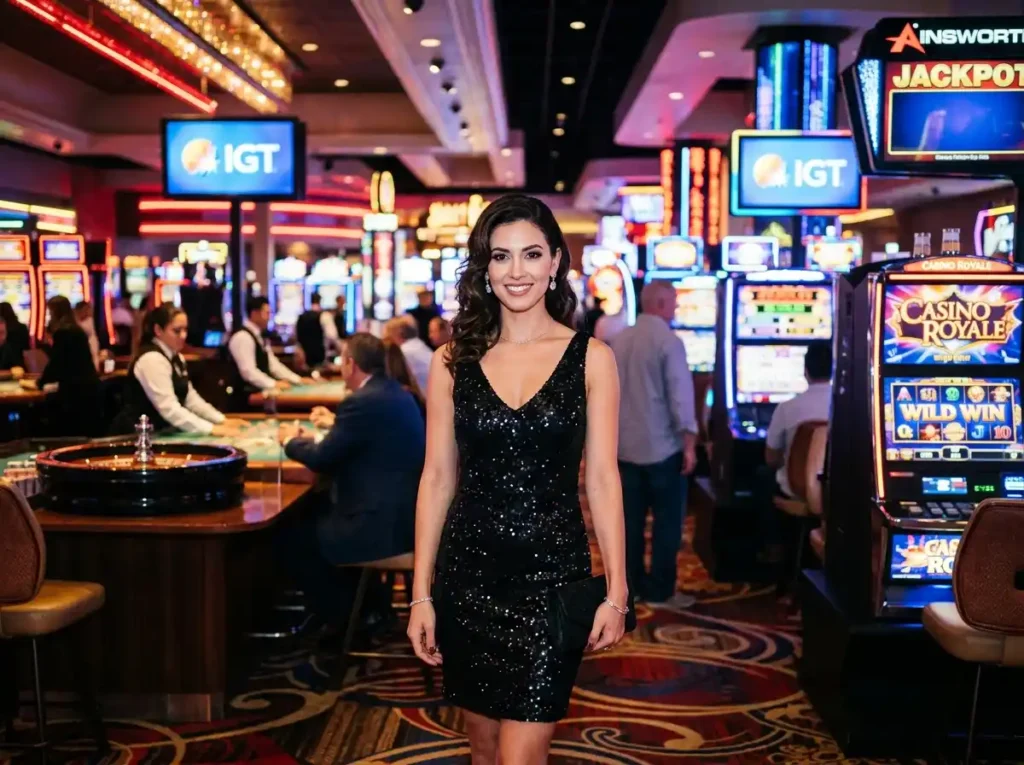 Sugal999 casino login register elegant woman front view with casino lights in a gaming environment