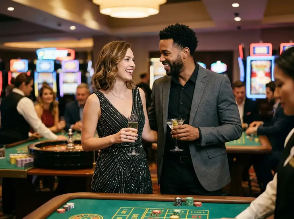 Sugal999 casino login register featuring a stylish couple enjoying a casino night experience with table games and entertainment atmosphere