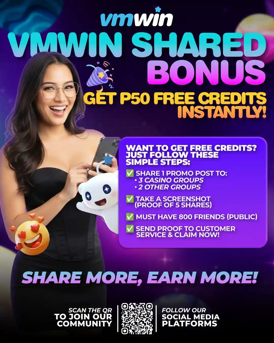 VMwin (Vivamaxwin) model endorser promoting table games shared bonus with get 50 free credits instantly offer.