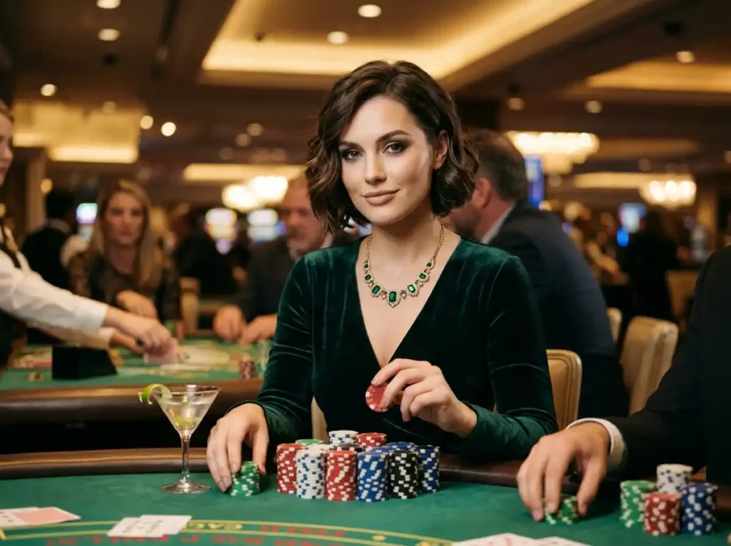 Chic female casino player sitting at a table with chips in a real casino setting, showcasing the excitement of wild city online casino gaming experience.