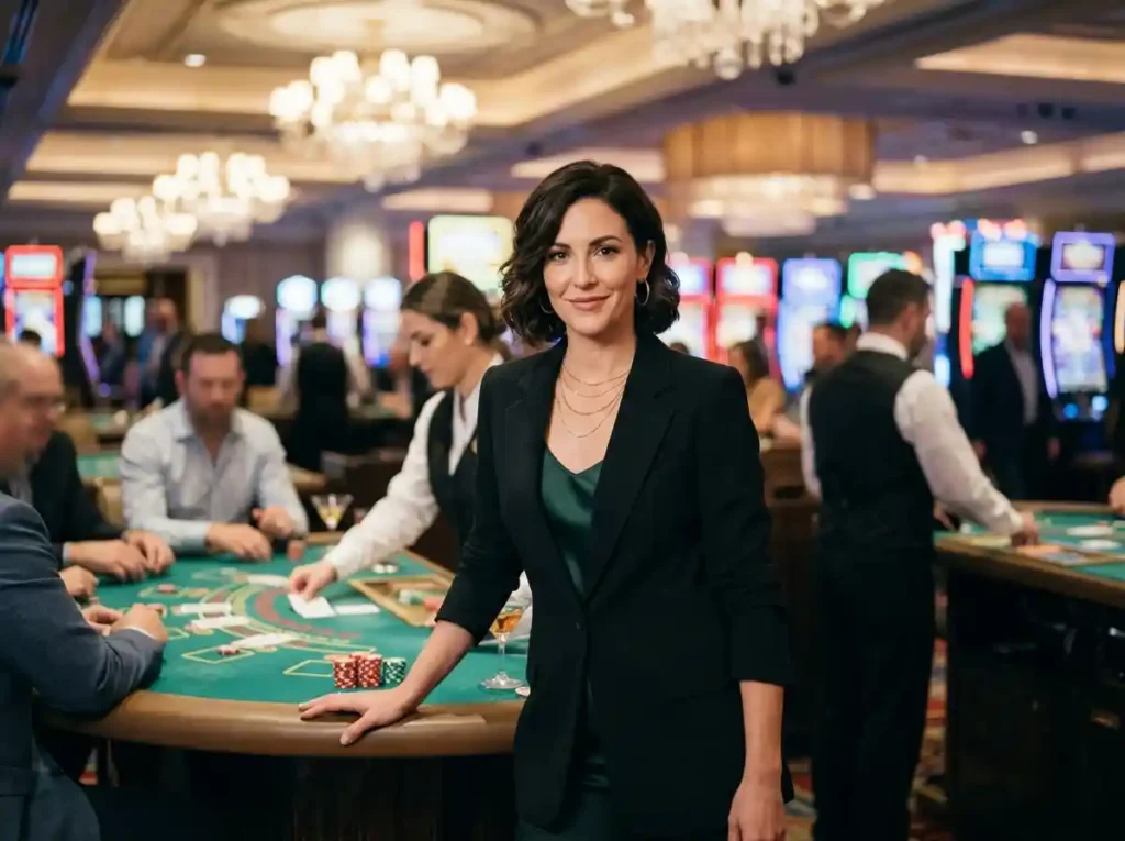 Confident woman playing at a casino table inside a real casino setting, promoting Wild City Online Casino experience.