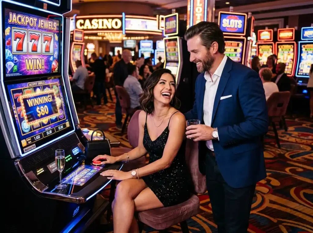 Couple playing slot machine inside a real casino, illustrating the wild city online casino experience