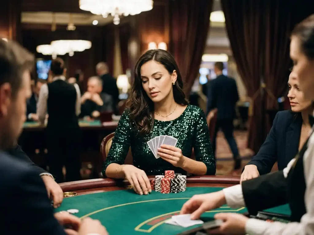 Glamorous female guest playing table game and holding cards inside a real casino setting, representing wild city online casino experience.