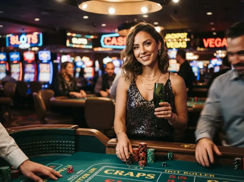 Woman enjoying a night at a casino while smiling at the camera during a 500jl casino login experience