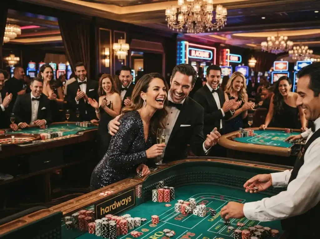 A smiling player enjoying a glamorous casino night at a gaming table while exploring 500jl casino login options.