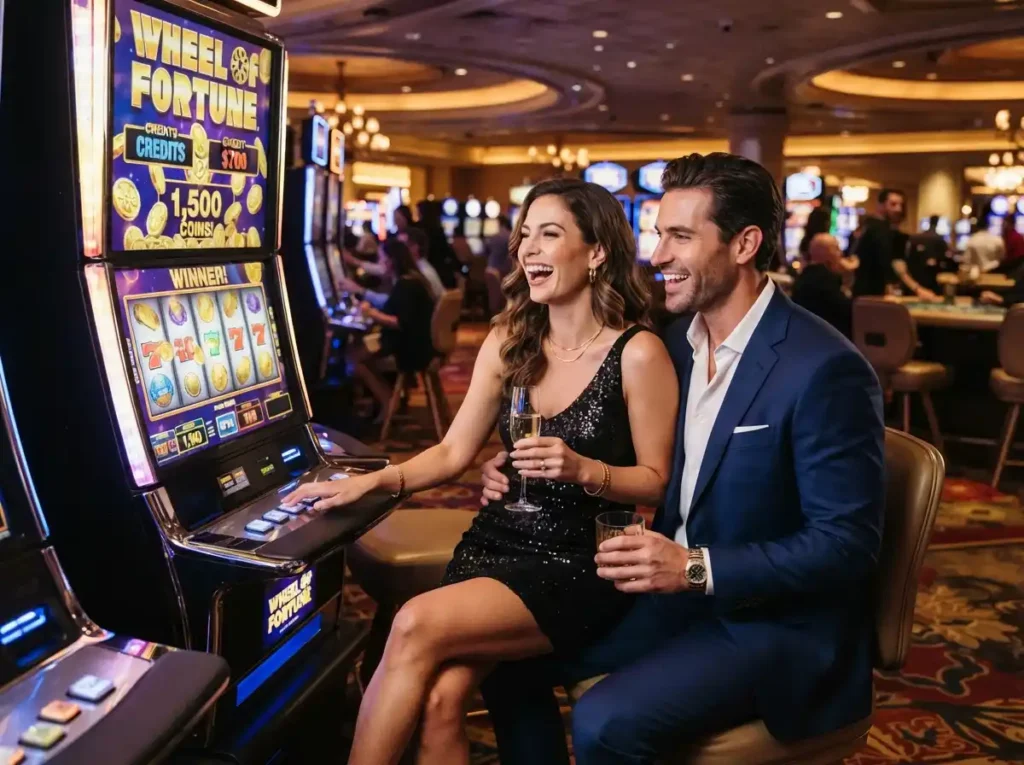 A stylish couple enjoying a slot machine together at a casino during their 500jl casino login gaming experience.