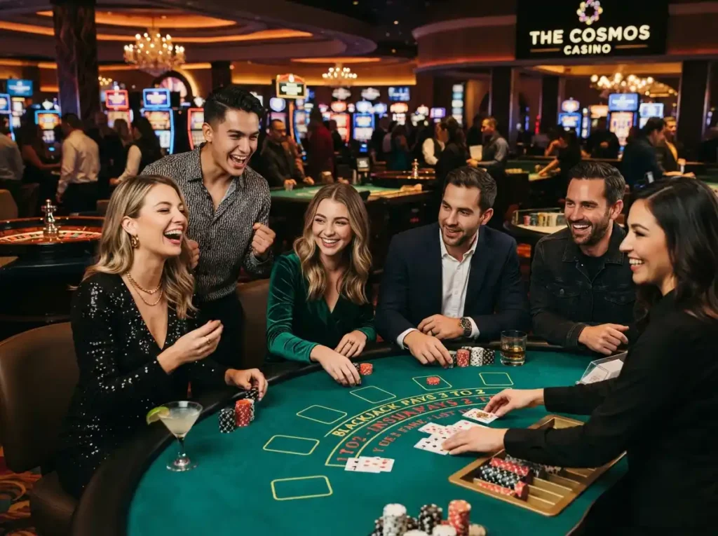 Friends enjoying slot machine games at a casino during a 500jl casino login gaming session