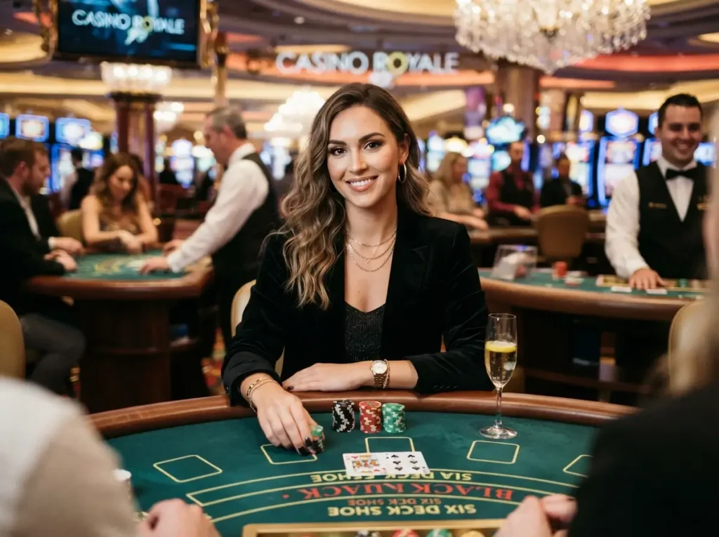 Female guest smiling toward the camera while enjoying the gaming floor at an fb777 slot casino.