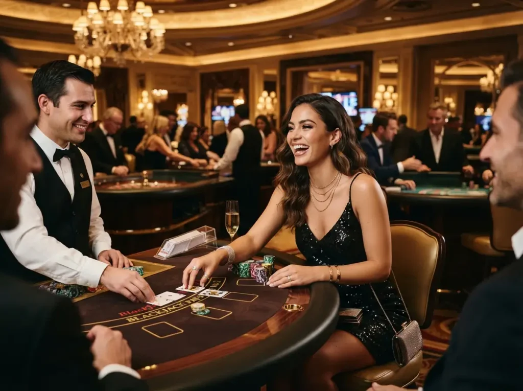 Woman enjoying the elegant gaming atmosphere at an FB777 Slot Casino with bright lights and modern slot machines.