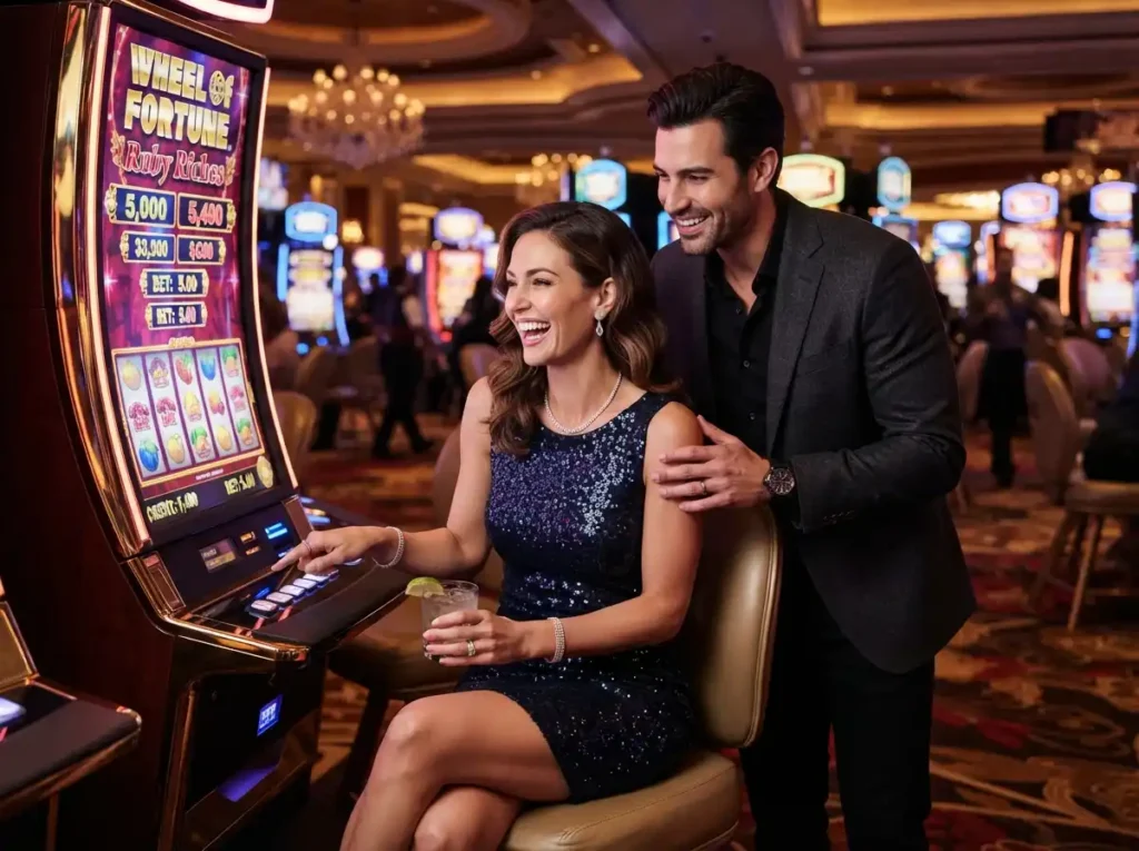 A glamorous couple enjoying slot machines together inside a lively casino while experiencing the excitement of fb777 slot casino.