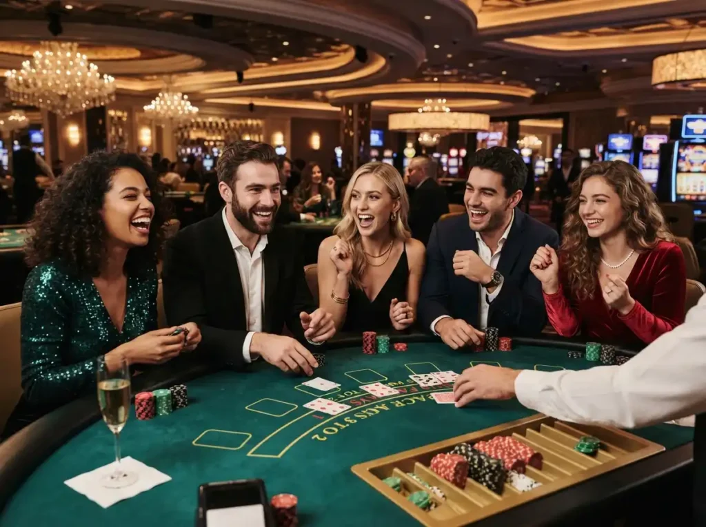 A group of stylish friends enjoying table games at a luxury casino during a fun night out with FB777 Slot Casino.