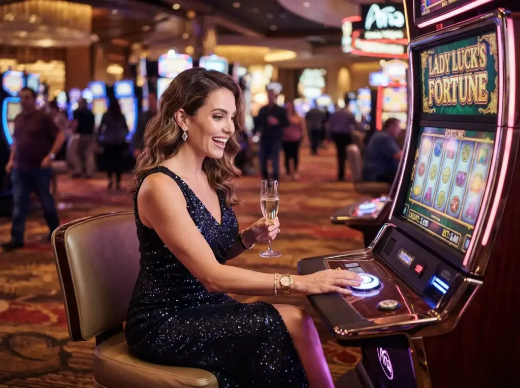 A glamorous woman enjoying a slot machine at a luxury gaming venue inspired by the gstar28 online casino experience.