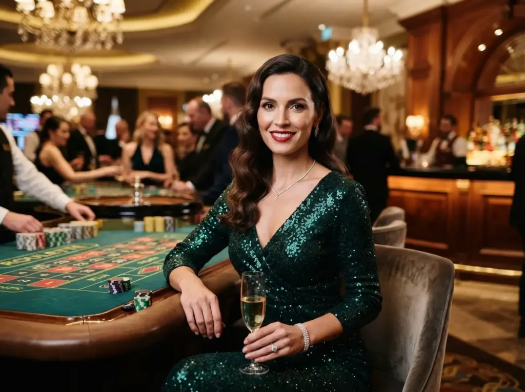 A glamorous woman enjoying a stylish evening at a luxury casino inspired by the excitement of gstar28 online casino.