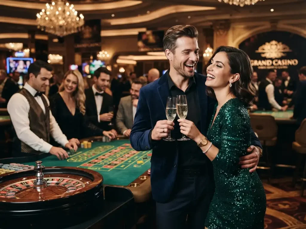 Stylish couple enjoying a fun evening at a luxurious casino table games at gstar28 online casino.