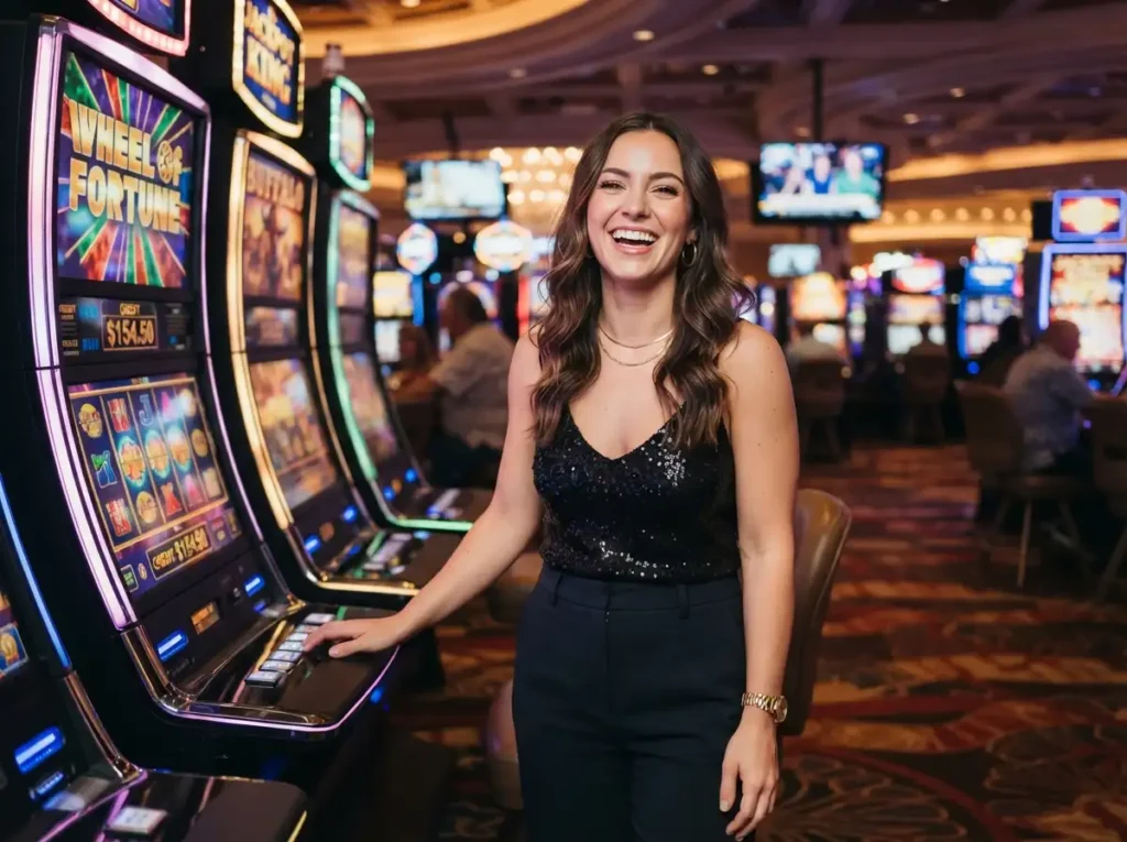 A stylish woman smiling near slot machines while enjoying the lively atmosphere of a gstar28 online casino experience.