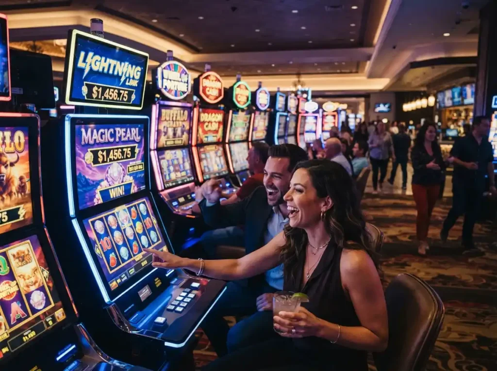 Person enjoying a slot machine inside a luxury casino during an OG777 Casino Login gaming experience