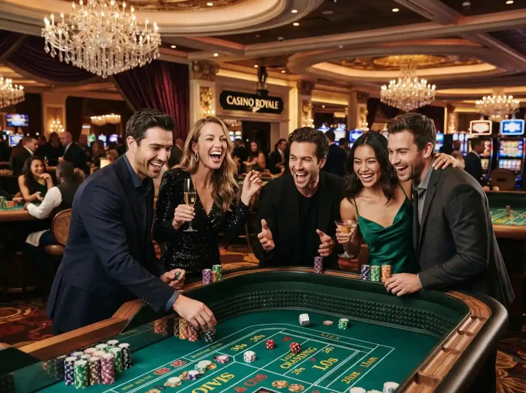 Group of friends enjoying a luxury casino night while exploring OG777 Casino Login for more gaming options.