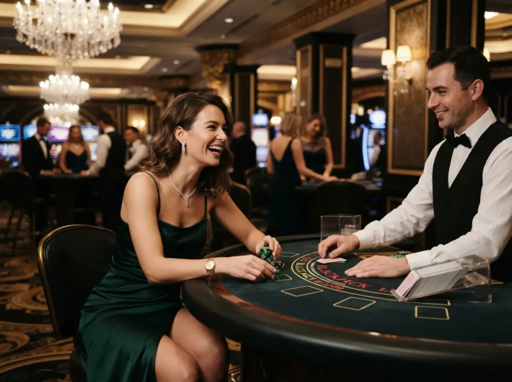 Stylish female player enjoying a luxury casino while exploring OG777 Casino Login options for her next gaming session