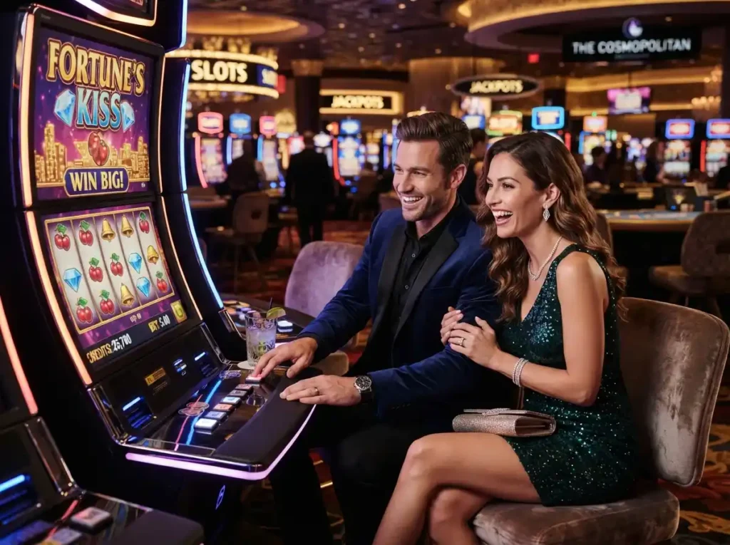 Glamorous couple enjoying slot machines inside a luxury casino while celebrating the excitement of the Philwin Online Casino App.