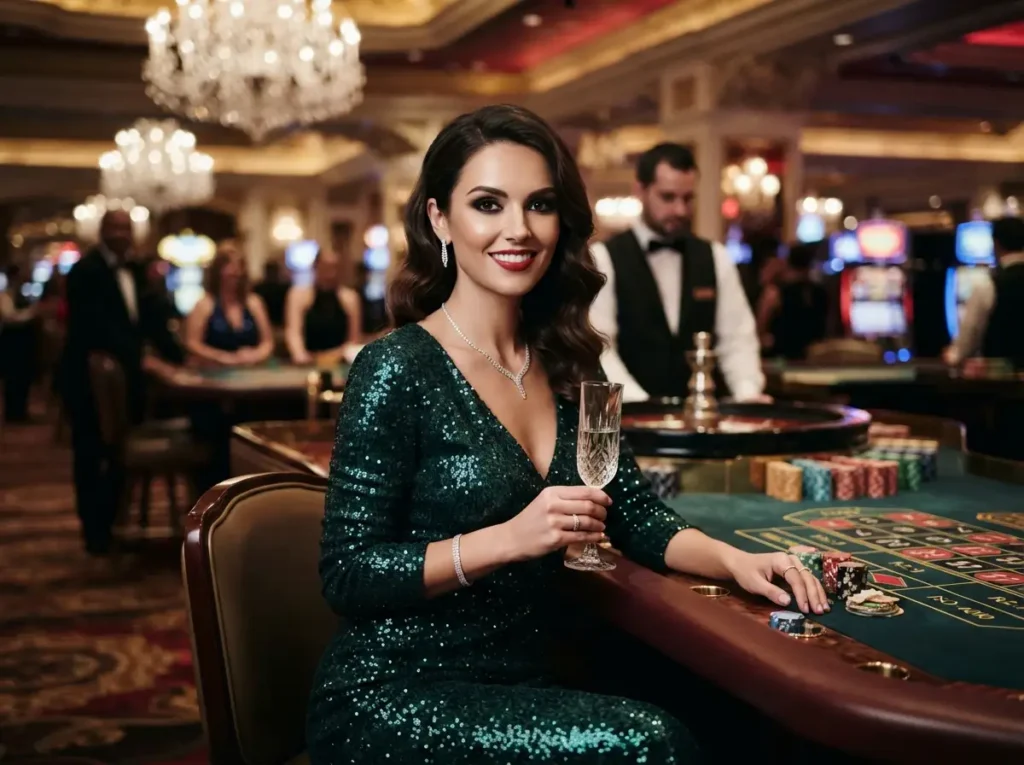Glamorous female player enjoying a luxury casino while exploring the PhilWin Online Casino App experience