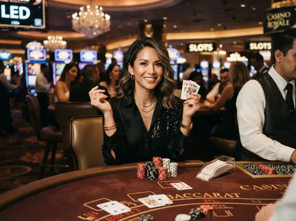Chic female player enjoying Resorts World online casino entertainment while facing the camera under vibrant casino lights