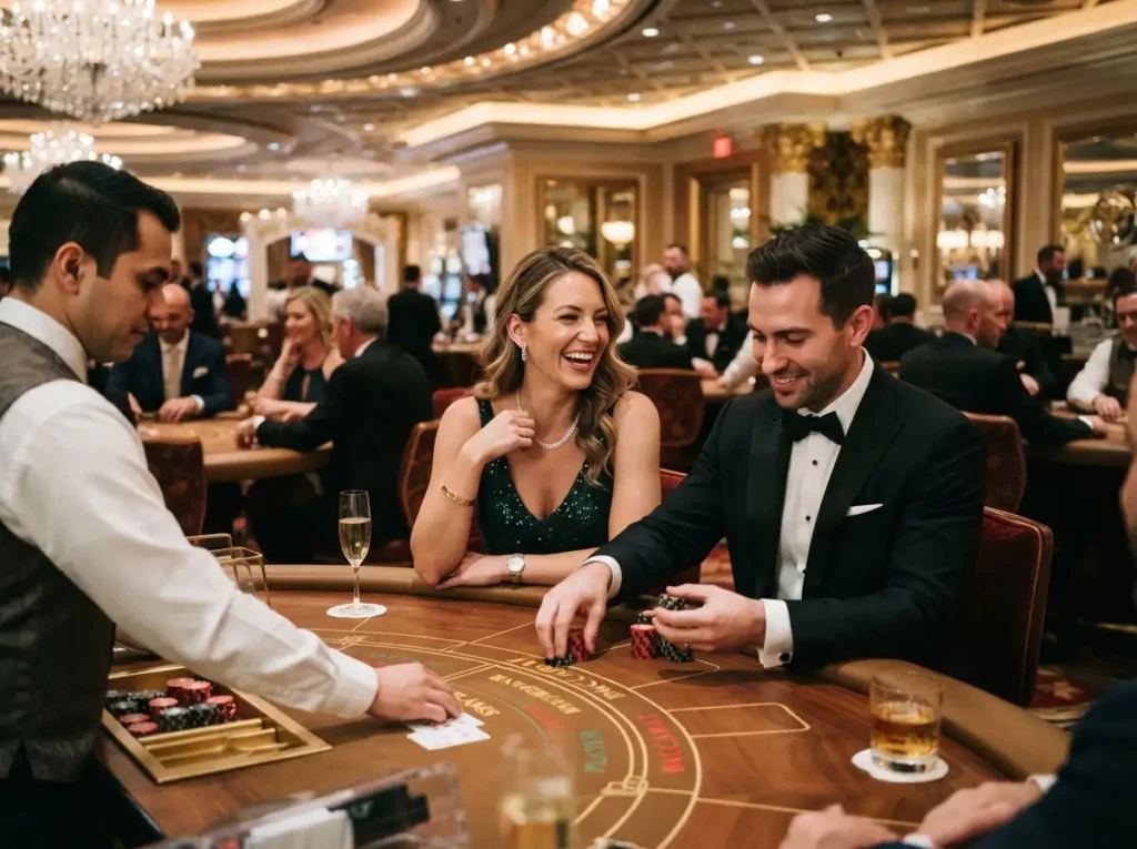Resorts World online casino luxury date night with couple enjoying a casino gaming experience together