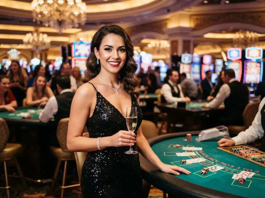 Woman facing the camera while enjoying a casino atmosphere inspired by Resorts World online casino entertainment