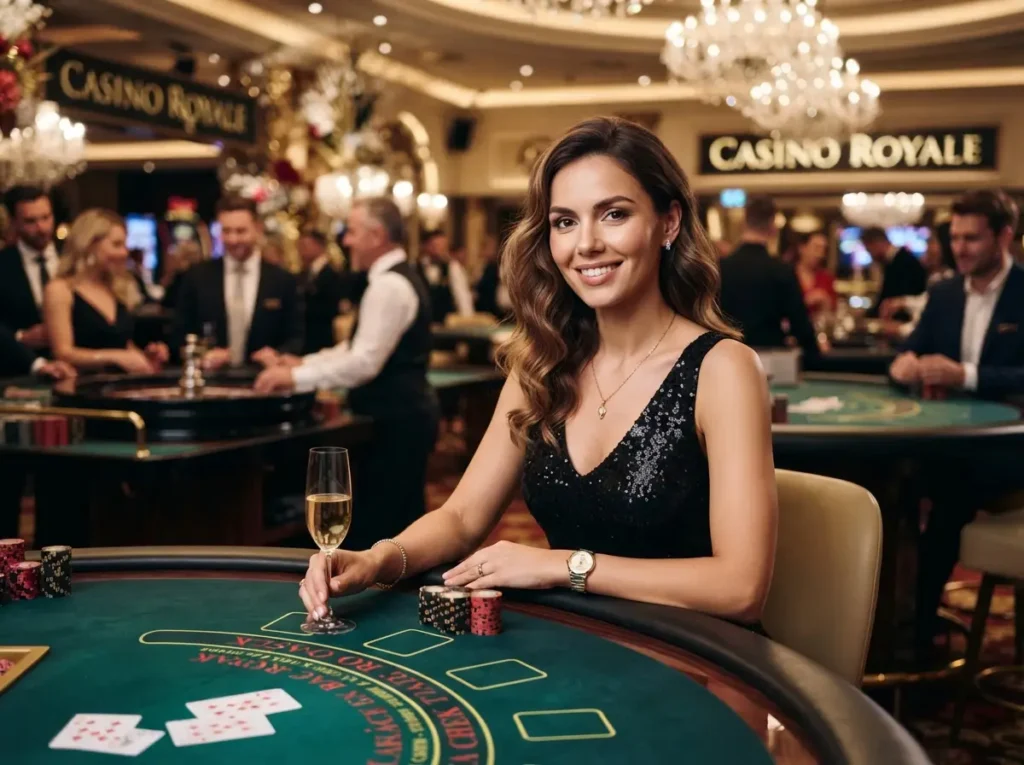 Elegant female player looking at the camera while enjoying a luxury casino during her Smart789 Casino Login experience