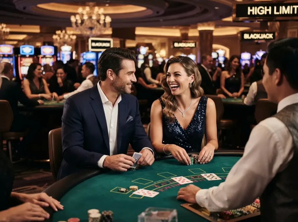 Couple enjoying an elegant evening inside a luxury casino while exploring smart789 casino login