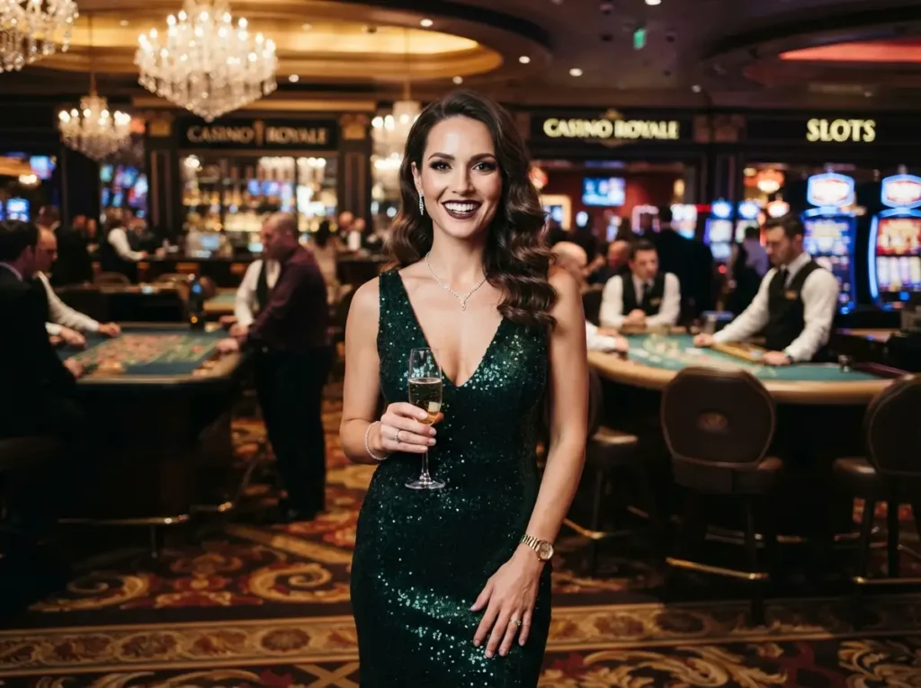 Woman facing the camera while enjoying the casino floor after smart789 casino login access.