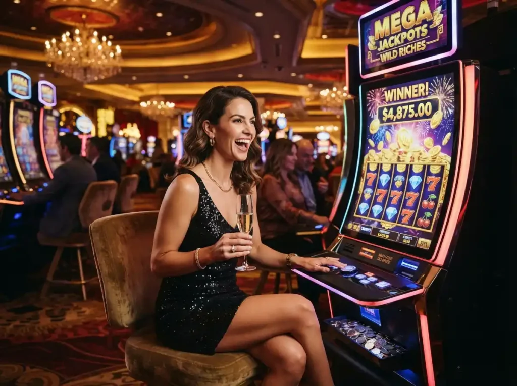 Woman enjoying a luxury slot machine inside a modern casino during a Smart789 Casino Login visit