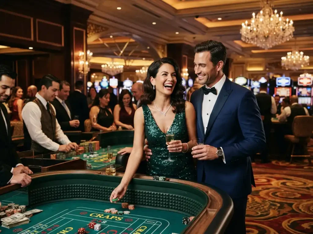 Elegant couple enjoying a night out at a luxury casino during a Sugar Play Casino-inspired gaming experience.
