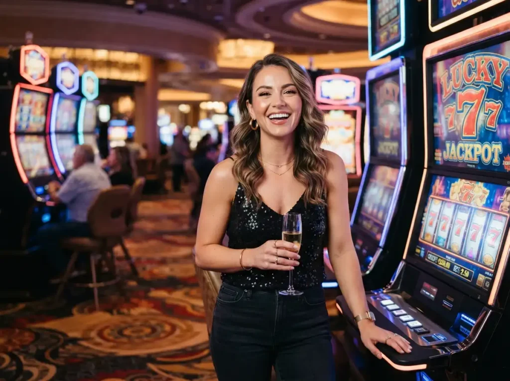 Stylish female guest smiling while enjoying the atmosphere at Sugar Play Casino near slot machines.