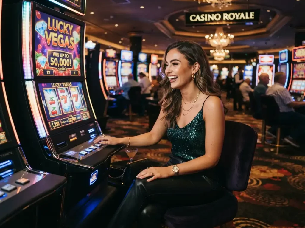 Stylish female player enjoying the excitement of Sugar Play Casino at a modern slot machine inside a luxury casino.