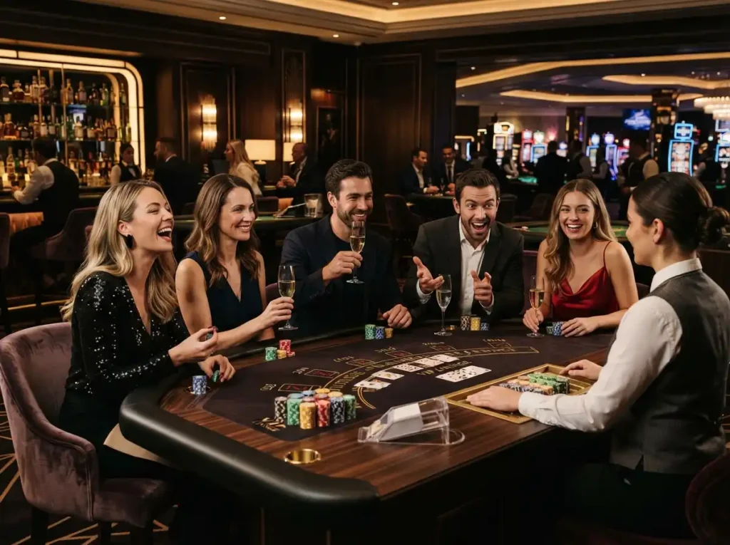 Friends enjoying a fun evening at a Sugar Play Casino VIP lounge inside a luxury casino.