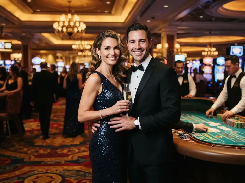 Glamorous couple smiling at the camera while enjoying a night inside a luxury casino at tmtplay best online casino.