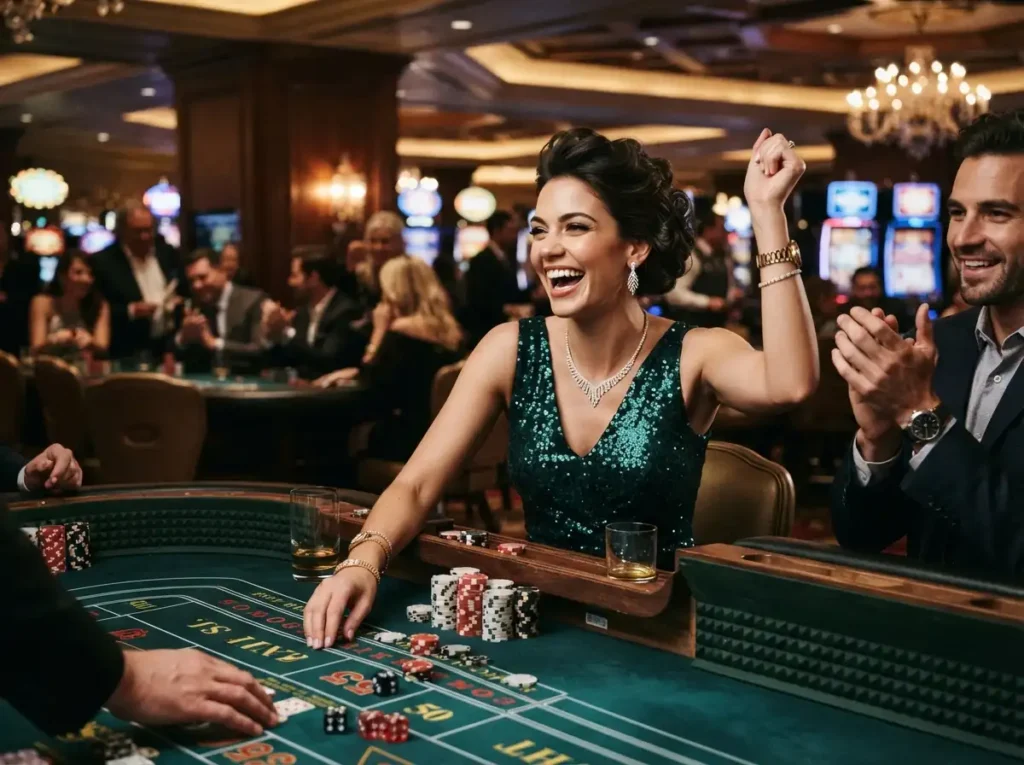 A glamorous woman enjoying an exciting night in a luxury casino, reflecting the excitement of tmtplay best online casino.