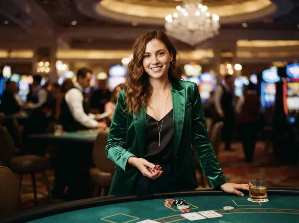 Stylish female player facing the camera while enjoying the casino floor at tmtplay best online casino.