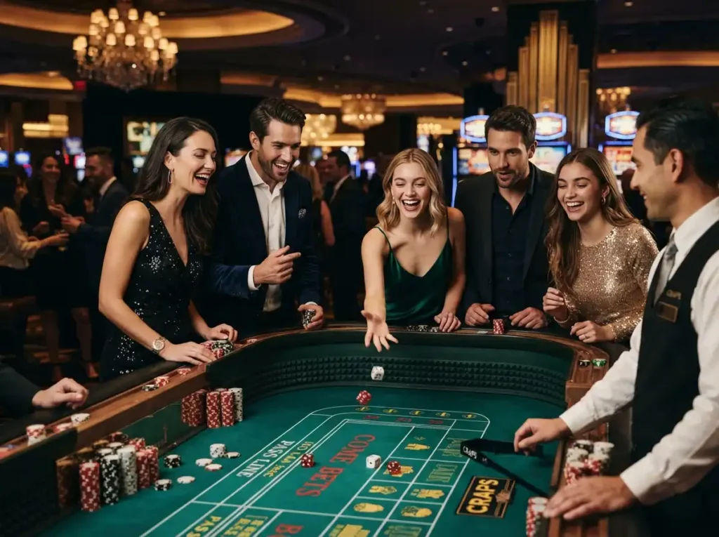 Stylish group enjoying table games at a luxury casino with the excitement of tmtplay best online casino.