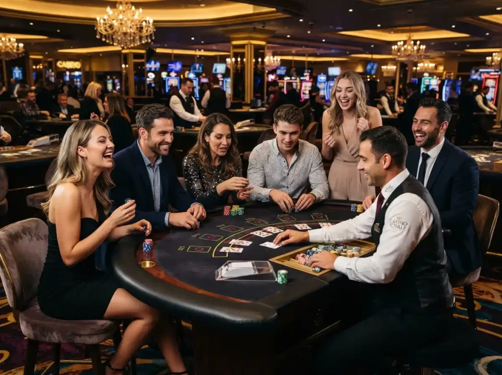 Group of friends enjoying table games at a casino during a win2max casino login register visit