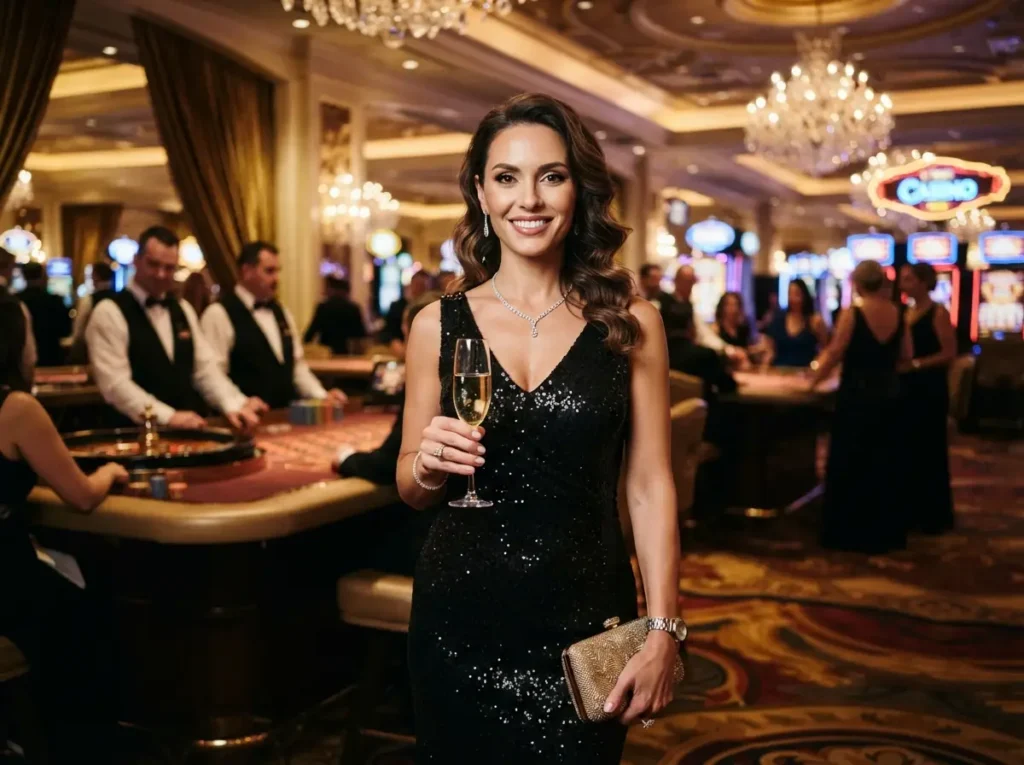 Woman enjoying a luxury casino night while playing at a gaming table during a win2max casino login register visit.