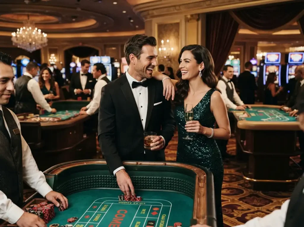 A stylish couple enjoying a lively evening at a luxury casino while playing table games during their win2max casino login register journey.