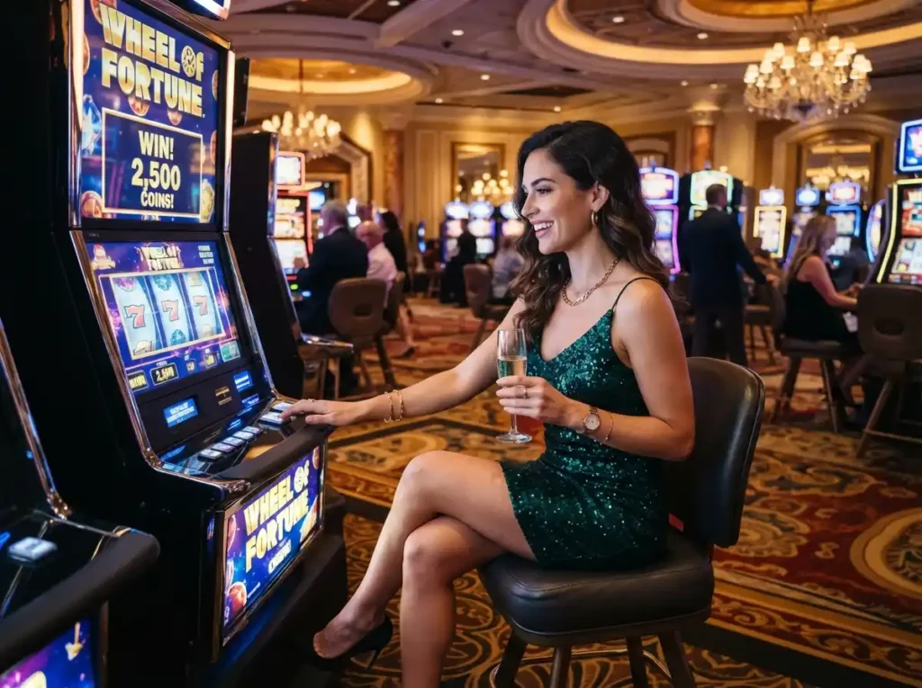 Woman enjoying slot machines at a luxury casino during a win2max casino login register visit.